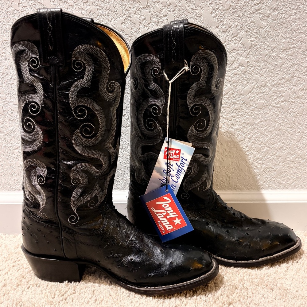 Tony Lama Black Western Boots full quill ostrich leather